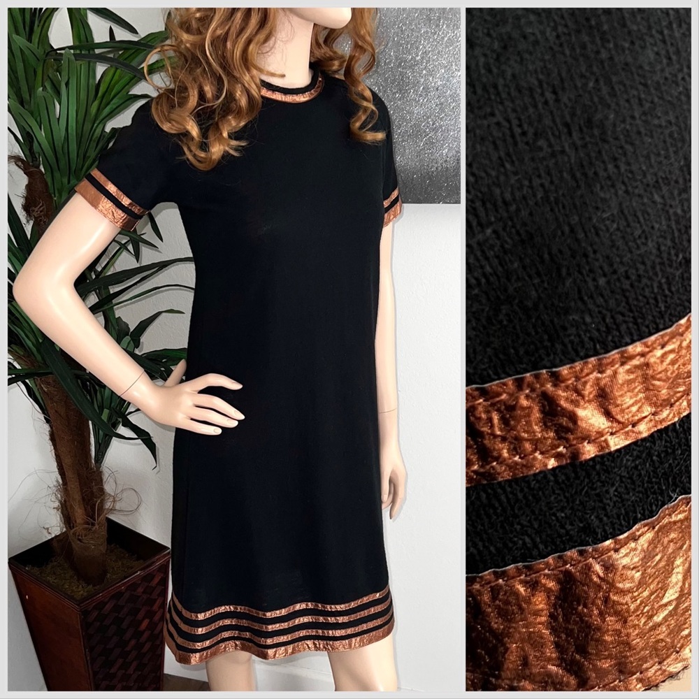 LILI SIDONIO Black Short Sleeve Dress with Metallic Copper Trim